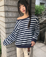 Hanky ストライプワンショルダーオーバーサイズロングスリーブスウェットシャツ