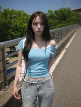 ダンリリップネックワンショルダーラグラン半袖Tシャツ