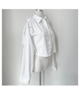 Twill shoulder ribbon shirring loose fit crop shirt (2 colors)