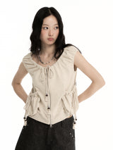 CONFUN sleeveless drawstring beaded linen design short pullover hoodie
