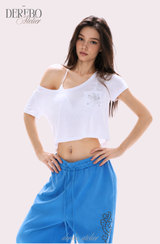 クラッシュワイドビーズネックショートスリーブTシャツ