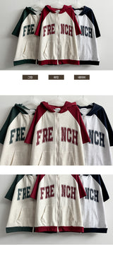Before Color Raglan Short-Sleeved Hooded Zip-Up