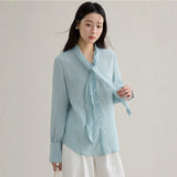 French ribbon tie V-neck blouse