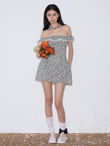 rirri 2025 Spring-Summer New Arrival Textured 100% Cotton Floral Dress - Adjustable Off-Shoulder Neckline & Waist Tie Detail