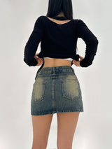 [BELT & INNER SHORTS] AUTUMN DENIM BROWN KHAKI DENIM SKIRT – SK