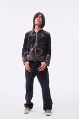 LEOPARD VELVET DOUBLE-HEAD COLOR-TOOTH ZIPPER SMUDGED SPRAY DISTRESSED TAILORED STAND COLLAR JACKET