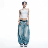 Sun Patch Leopard Balloon Denim Pants - LIGHT BLUE