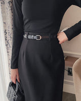 Cre wool pin tuck H-line slit long skirt (belt set)
