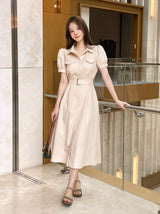 Kazz Shirt Collar Puff Sleeve Long One Piece (Belt Set)