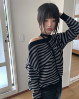 ケッドストライプ オフショルダー 長袖ニット