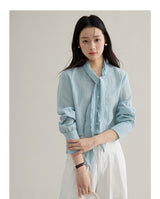 French ribbon tie V-neck blouse