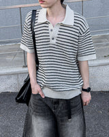 Windy Buckle Stripe Collar Short Sleeve Knit