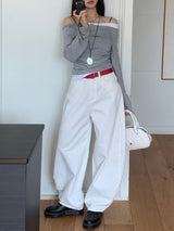 Milky Unbalance Off-Shoulder Boatneck Shirring Long Sleeve T 