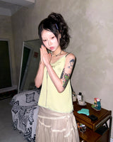 (2color) Scarf Slub Stripe Lace Tiered Skirt
