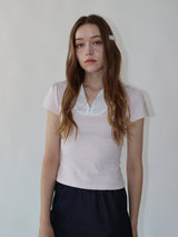 レースジップカラー半袖パフTシャツ(pink)