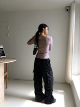 Comfo ビンテージクロスストラップディープUネック長袖Tシャツ