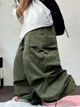 ストリング / コリアン 🤎 パラシュートかーごリベットセミワイドバルーンロングパンツ🤎🖤🩶💚 - 4カラーズ