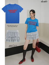Blue Red Lettering Round Short-Sleeved Knitwear