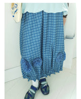 UnsocialNight2025 Autumn New Original Blue Plaid Stitching Casual Flower Flower Skirt Women