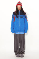 Half-high collar warm and retro jacquard zippered cardigan sweater
