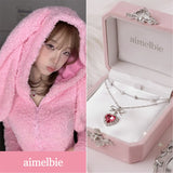 [IDLE Shuhua Necklace] ローズピンクハートプリンセスレイヤードネックレス - シルバーカラー