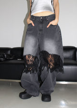 LACE DAMAGE BLACK DENIM