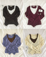 Poin Deep V-Neck Button-Sleeve Long-Sleeve T-Shirt