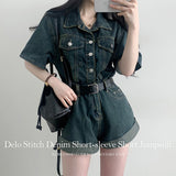 Dello stitch denim short sleeve short jumpsuit