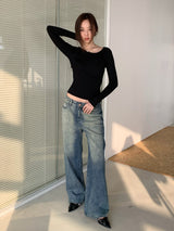 Double Layered Color V-Neck Long Sleeve T-Shirt
