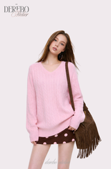 Baby Pink Twisted V-neck Loose Fit Knitwear