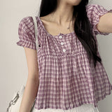 Checkered Ruffle Square Button Short Sleeve Blouse