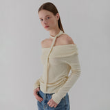 ネックリボンシャーリングオフショルダーTシャツ CREAM