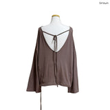 (3color) Ribbon Deep Slit Loose Fit Summer Long Sleeve Tee