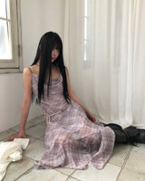 グレンチェックスリーブレスロングドレス