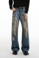 Wasteland Fitter Oil-stained Dirty Fit Straight-leg Hole Jeans