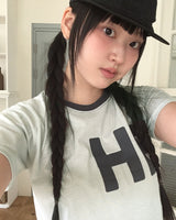 Necu Vintage Stripe Lettering Printed Short Sleeve T-Shirt