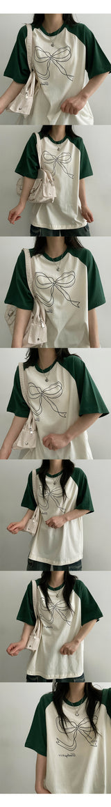 リボンラグランショートスリーブドtシャツ