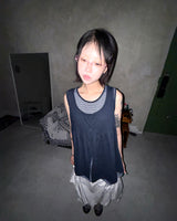 (3color) Slub Stripe Layered Flare Sleeveless Top