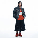 Washed Line Leather Jacket - BLACK