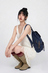 FRINGE-HEM KNIT V-NECK DRESS IN WHITE