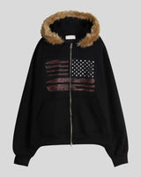 (UNISEX) USA Flag Fur Hood Zip-up