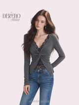 Roy Black Halter Lace Twist Long Sleeve T-shirt