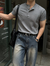 Front cut line henry-neck short sleeve t-shirt