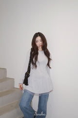 Trendy lace frill long-sleeved shirring T-shirt