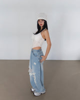 Lace torn jeans. Wide jeans