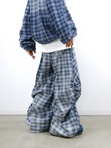 RELABEL (Gemeng) Flower Bud Balloon Check Print Draped Loose-Fit Crinkled Gradient Washed Denim Trousers