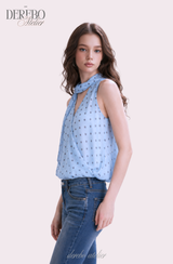 Blue Dot Scarf Sleeveless Blouse