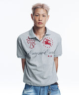 Horse Emblem Embroidered Collar T-shirt - Gray