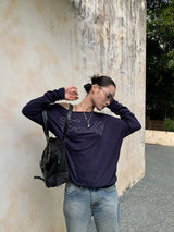 Navy unbalanced off-shoulder beads loose fit sweatshirt