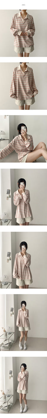 Color matching open collar stripe loose fit rugby long sleeve tee 